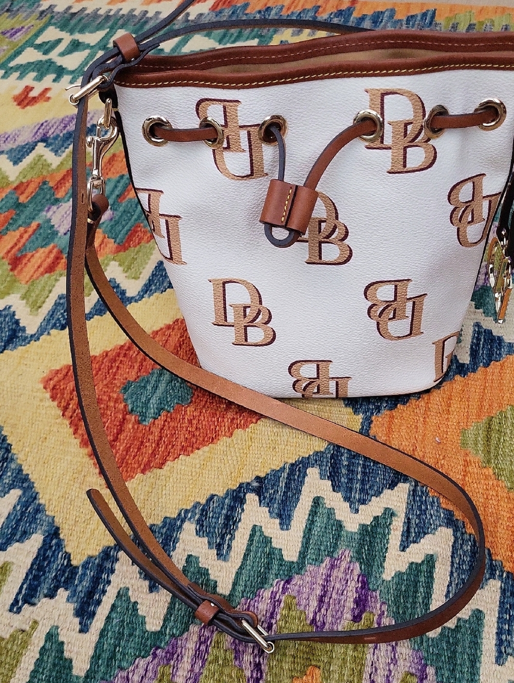 Dooney & Bourke Small Monogram Drawstring Bucket Bag - Cream/Tan/Gold